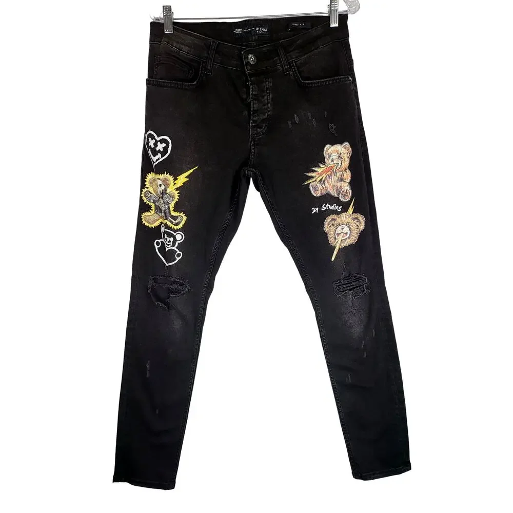 2Y DNM 2Y Premium  Distressed‎ Teddy Denim Black Streetwear Pants Size 32 #515